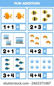 Game for children fun addition by counting and sum of cute fish printable pet worksheet