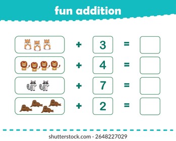 Jogo para crianças adição divertida por contagem de animais selvagens bonitos imagens planilha imprimível vetor