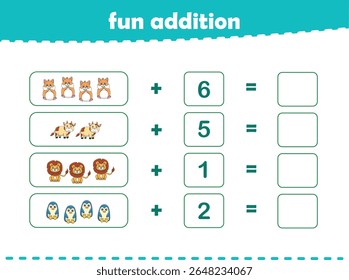 Game for children fun addition by counting cute wild animals pictures printable worksheet vector