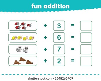 Jogo para crianças adição divertida por contagem de animais selvagens bonitos imagens planilha imprimível vetor