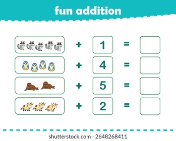 Jogo para crianças adição divertida por contagem de animais selvagens bonitos imagens planilha imprimível vetor