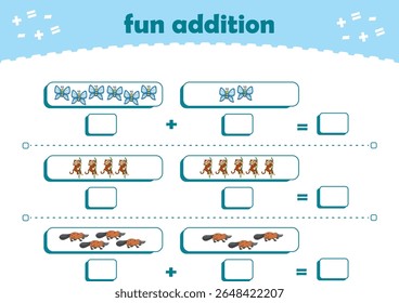 Jogo para crianças adição divertida por contagem de animais selvagens bonitos imagens planilha imprimível vetor