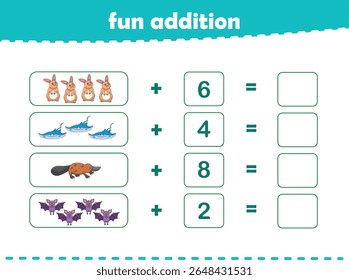 Jogo para crianças adição divertida por contagem de animais selvagens bonitos imagens planilha imprimível vetor