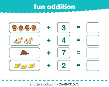 Jogo para crianças adição divertida por contagem de animais selvagens bonitos imagens planilha imprimível vetor