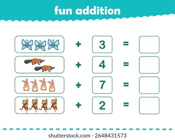 Jogo para crianças adição divertida por contagem de animais selvagens bonitos imagens planilha imprimível vetor