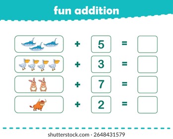 Jogo para crianças adição divertida por contagem de animais selvagens bonitos imagens planilha imprimível vetor