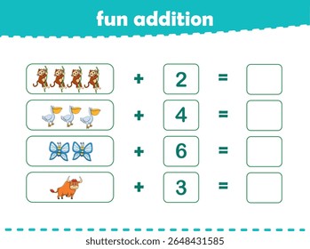 Jogo para crianças adição divertida por contagem de animais selvagens bonitos imagens planilha imprimível vetor