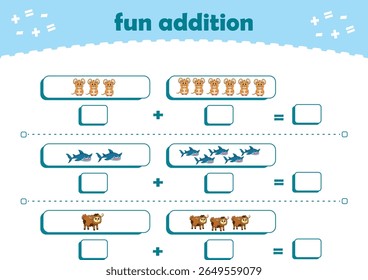 Jogo para crianças adição divertida por contagem de animais selvagens bonitos imagens planilha imprimível vetor