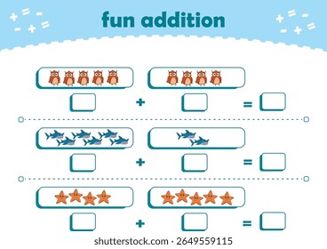 Game for children fun addition by counting cute wild animals pictures printable worksheet vector