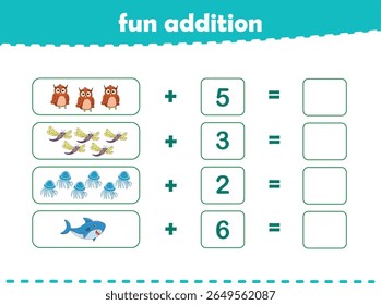 Jogo para crianças adição divertida por contagem de animais selvagens bonitos imagens planilha imprimível vetor
