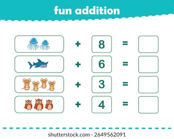 Jogo para crianças adição divertida por contagem de animais selvagens bonitos imagens planilha imprimível vetor