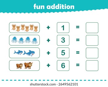 Jogo para crianças adição divertida por contagem de animais selvagens bonitos imagens planilha imprimível vetor