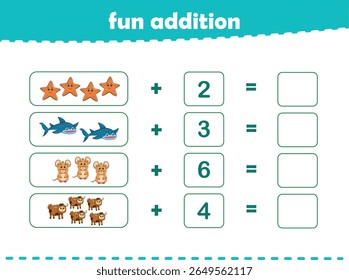 Jogo para crianças adição divertida por contagem de animais selvagens bonitos imagens planilha imprimível vetor
