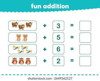 Jogo para crianças adição divertida por contagem de animais selvagens bonitos imagens planilha imprimível vetor