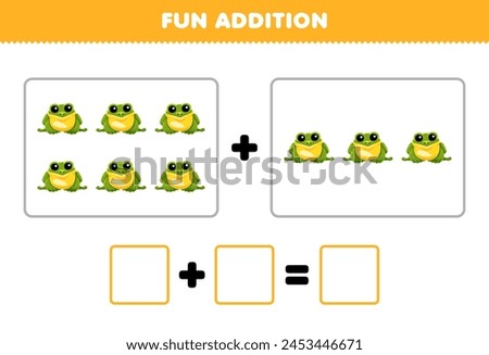 Game for children fun addition by counting cute cartoon frog pictures printable pet worksheet