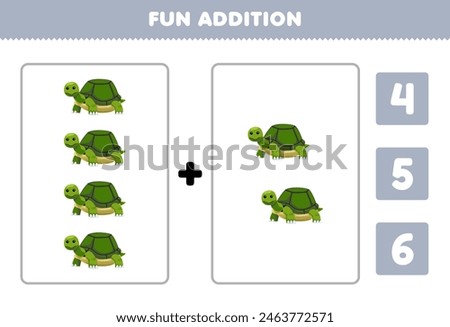 Game for children fun addition by count and choose the correct answer of cute turtle pet worksheet
