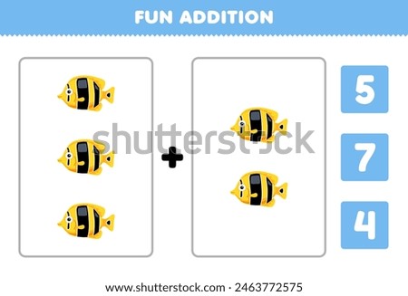Game for children fun addition by count and choose the correct answer of cute fish pet worksheet