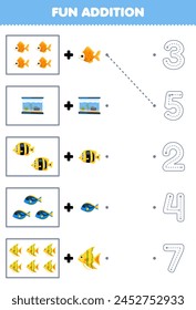 Game for children fun counting and add one more of cute fish then choose the number pet worksheet