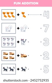 Game for children fun counting and add one more of cute cat then choose the number pet worksheet