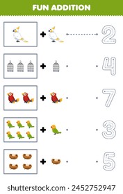 Game for children fun counting and add one more of cute bird then choose the number pet worksheet