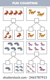 Juego para niños divertidos contando la imagen en cada caja de lindo geco de dibujos animados imprimible hoja de trabajo para mascotas