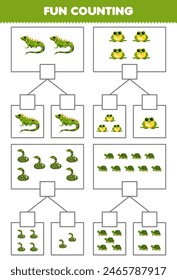 Game for children fun counting picture in each box of cute cartoon green animal pet worksheet
