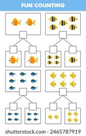 Game for children fun counting picture in each box of cute cartoon fish printable pet worksheet