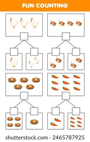 Game for children fun counting picture in each box of cute cartoon chicken and rabbit pet worksheet