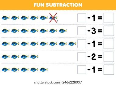 Game for children fun subtraction by counting fish in each row and eliminating it pet worksheet