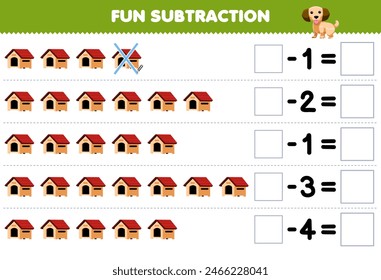 Game for children fun subtraction by counting dog kennel in each row and eliminating it pet worksheet