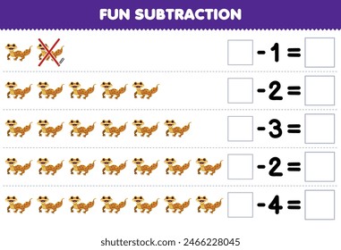 Game for children fun subtraction by counting gecko in each row and eliminating it pet worksheet