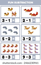 Game for children fun subtraction by counting and eliminating cute gecko set pet worksheet