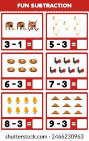 Juego para niños diversión sustracción contando y eliminando linda hoja de trabajo del animal doméstico del juego del pollo