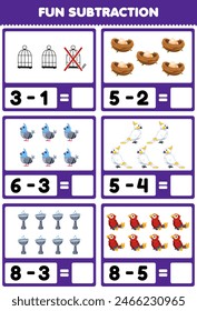Game for children fun subtraction by counting and eliminating cute bird set pet worksheet
