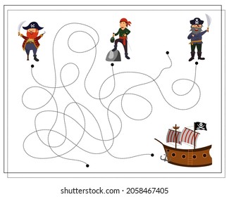 A game for children, go through a maze, pirates and a pirate ship. vector isolated on a white background.