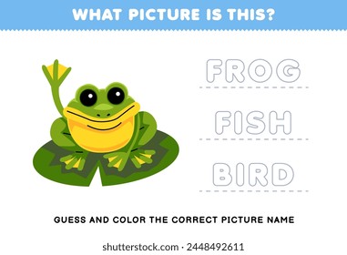 Game for children guess and color the correct picture of cute frog printable pet worksheet