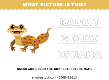 Game for children guess and color the correct picture of cute gecko printable pet worksheet