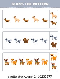Game for children guess the pattern in each row from cute dog printable pet worksheet