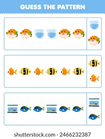 Game for children guess the pattern in each row from cute fish printable pet worksheet