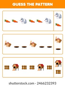 Game for children guess the pattern in each row from cute rabbit and stuff printable pet worksheet