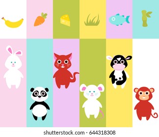 A game for children. Guess what animals eat. Vector illustration