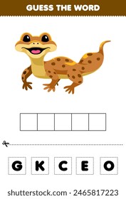 Game for children guess the word letters practicing of cute gecko printable pet worksheet