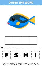 Game for children guess the word letters practicing of cute fish printable pet worksheet