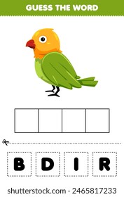 Game for children guess the word letters practicing of cute bird printable pet worksheet