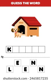 Game for children guess the word letters practicing of cute dog kennel printable pet worksheet