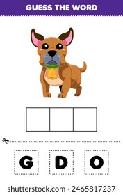 Game for children guess the word letters practicing of cute dog printable pet worksheet