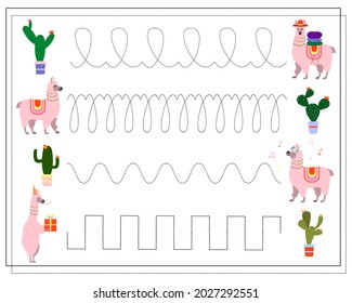 A game for children, handwriting practice. Llama and cacti. Vector isolated on a white background.