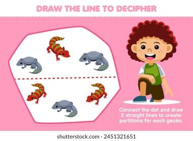 Game for children help boy draw the lines to separate the gecko printable pet worksheet