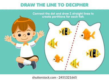 Game for children help boy draw the lines to separate the fish printable pet worksheet