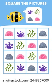 Game for children help cute fish square the correct coral set picture pet worksheet